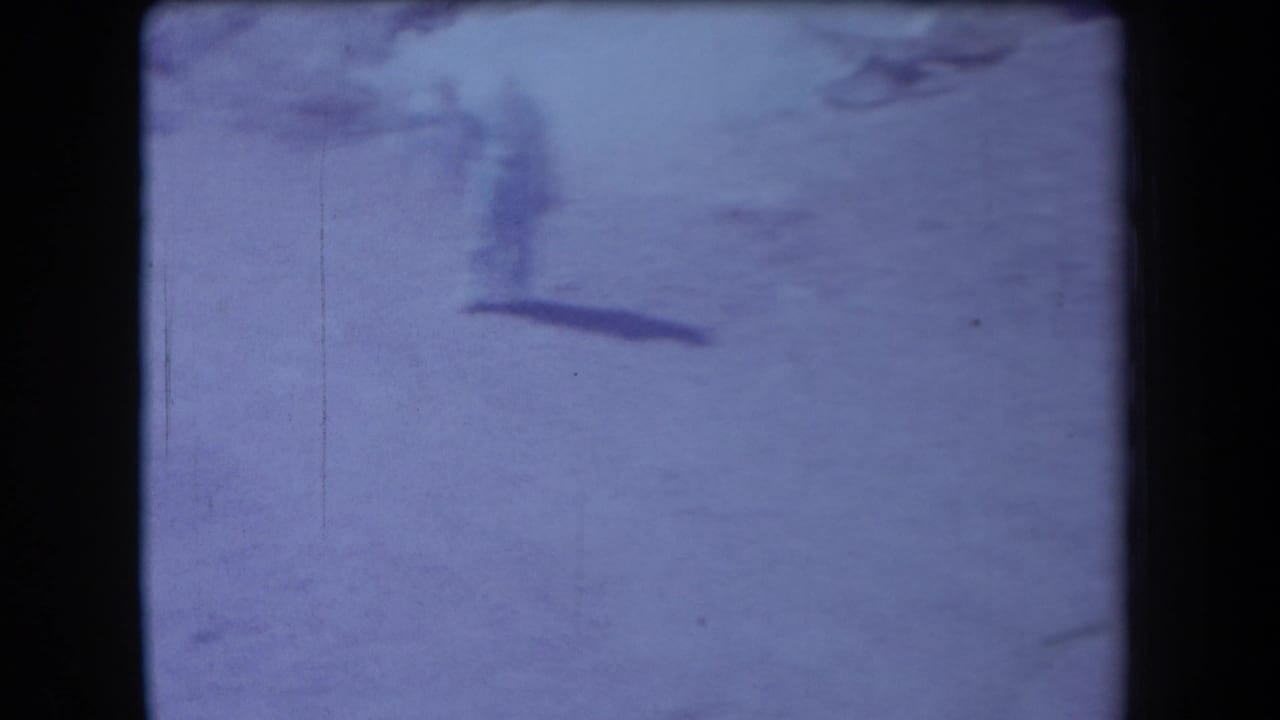 1958 Arizona 8mm frame showing pale desert terrain and faint scrub through heavy grain, soft focus, and dark frame edges.