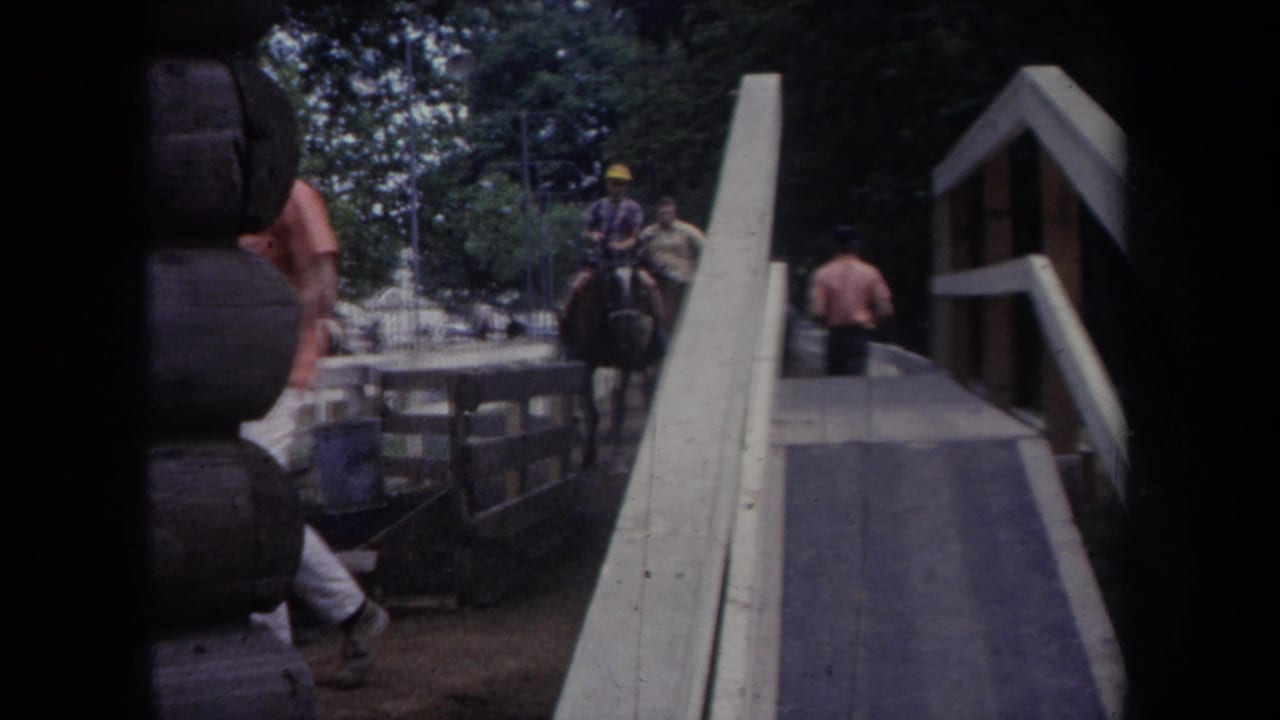 Man near a wooden bridge as a horse rider approaches in a leafy outdoor setting.