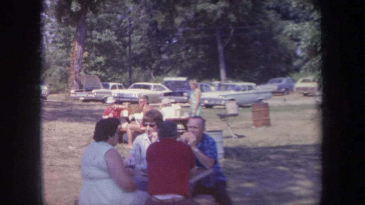 Picnic group sits around a table in a park while classic cars are parked in the background.