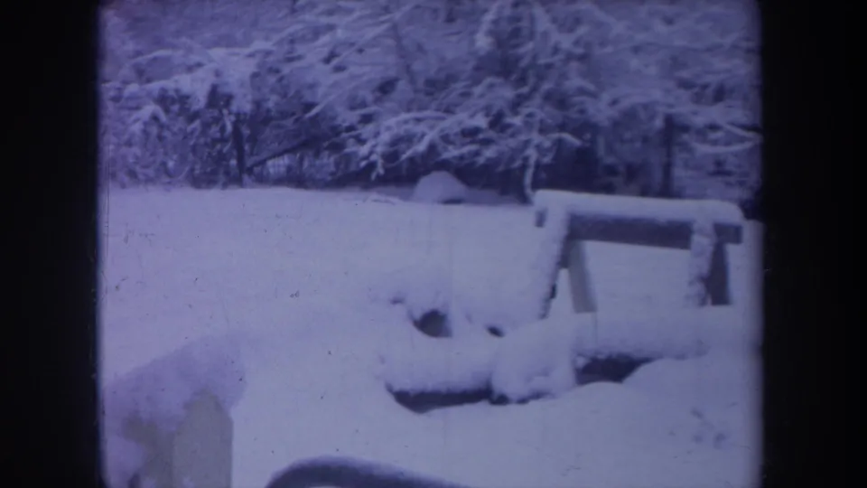 Winter home-movie frame from the same 1968 Michigan clip showing deep snow, a wooden fence, snowy branches, and a dog partly entering the frame.