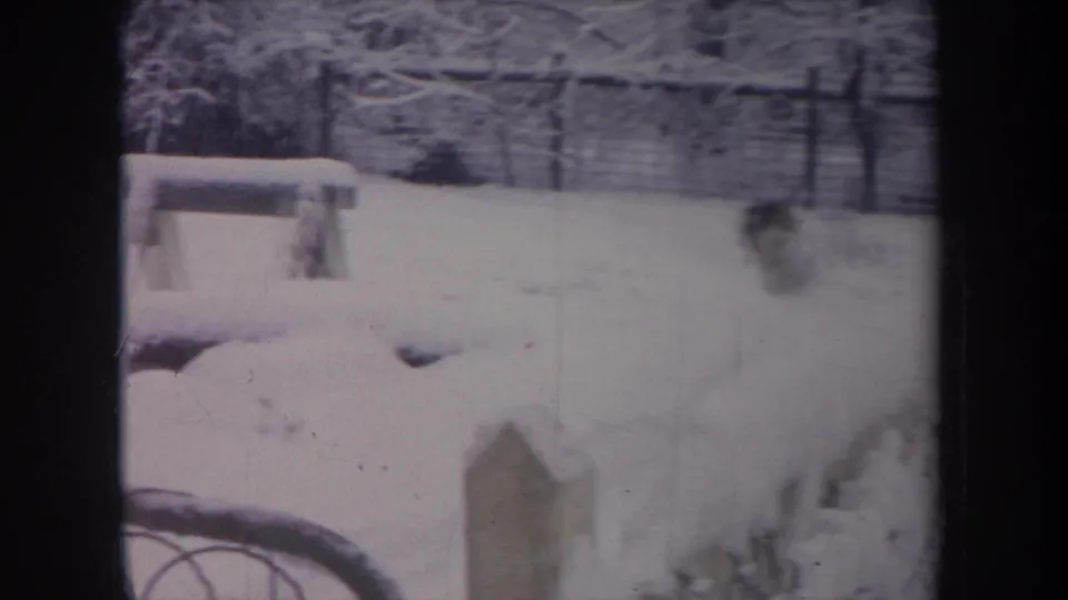 1968 Michigan 8mm frame showing a fox crossing a snow-covered yard near a bench, fence, and bare winter shrubs.