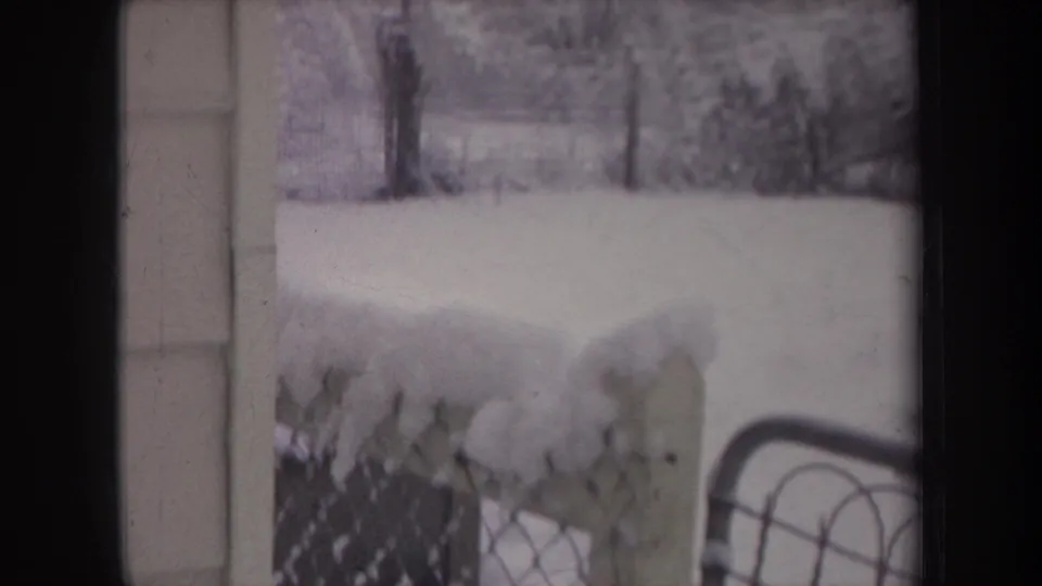 1968 Michigan 8mm frame showing the snowy yard setting, with a bench, fence, bare trees, and the fox faintly at the edge of view.