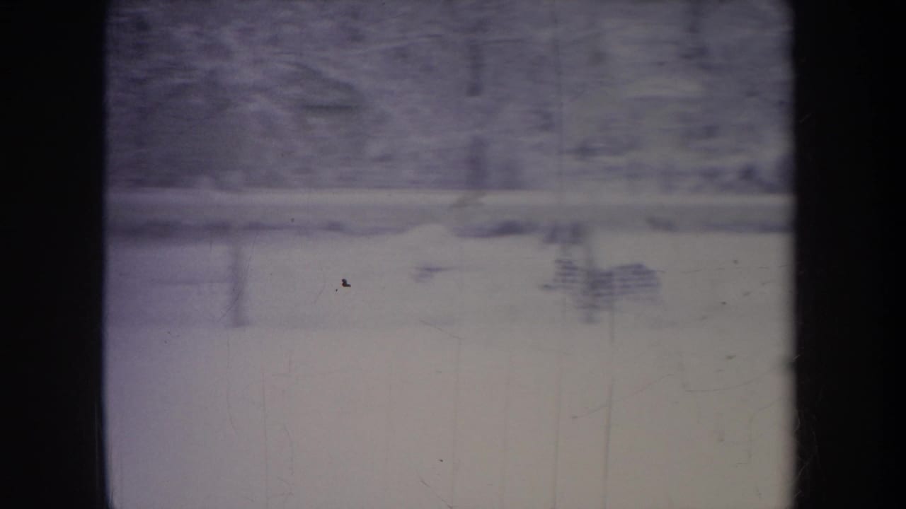 Faded 8mm view of a Michigan winter backyard in 1968, showing snow, distant trees, and dark window framing.