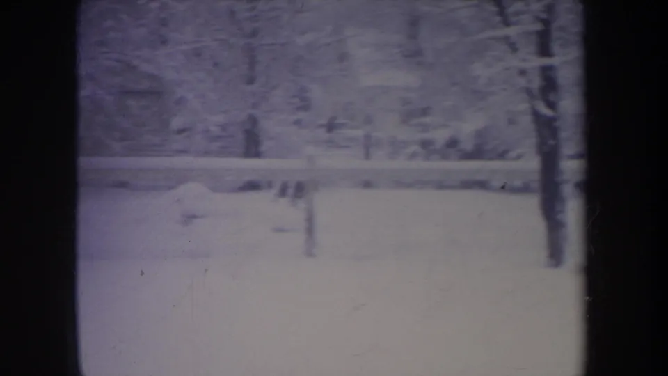 1968 Michigan 8mm frame showing a snowy backyard, bare trees, fence line, and distant dog shape in soft focus.