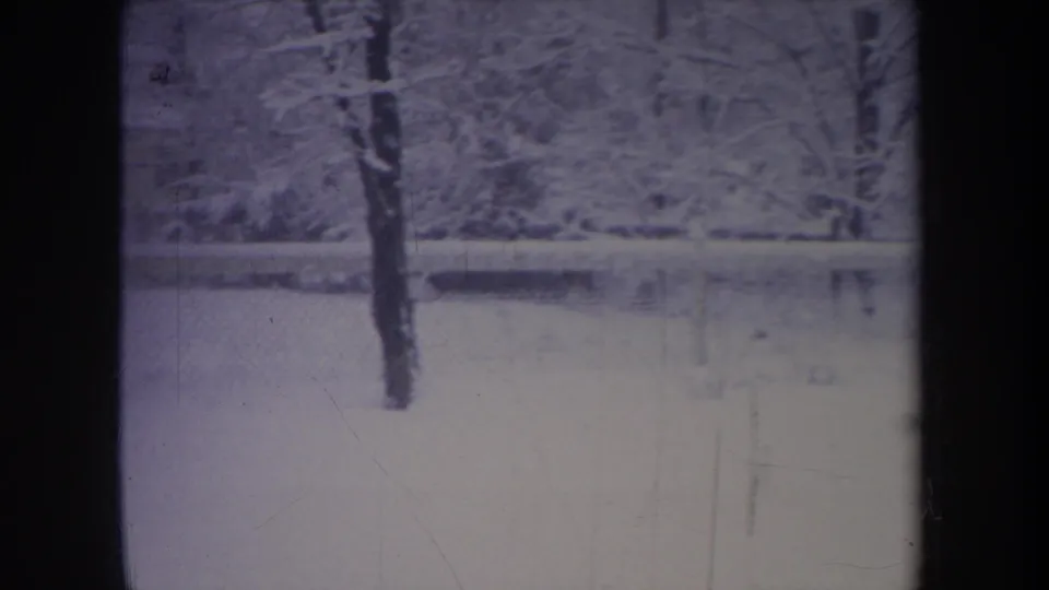 1968 Michigan winter backyard frame with snow, bare trees, fence line, and purple-blue film tint.
