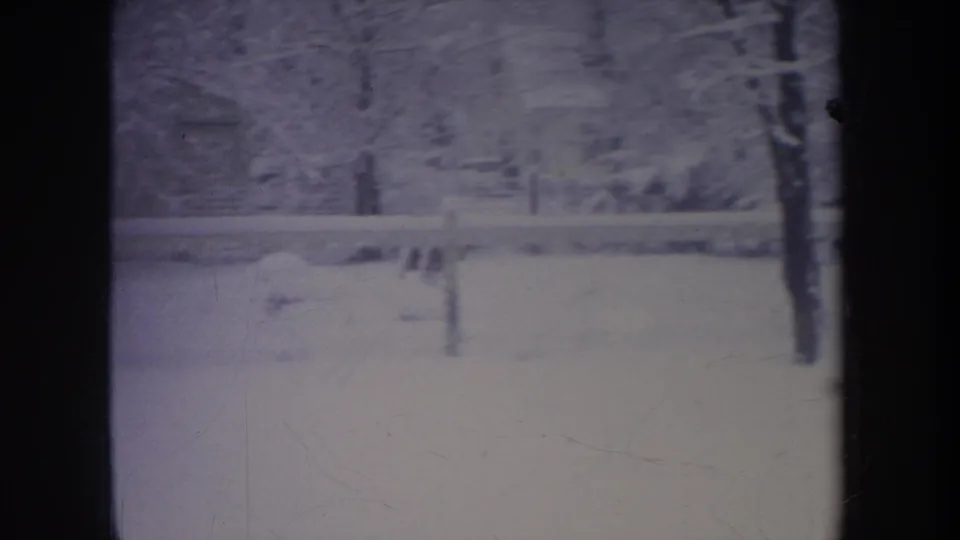 A soft 8mm frame of a Michigan winter yard shows the fence and house exterior as a small dog-like blur moves through the snow.