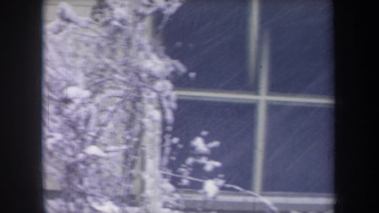 1968 Michigan 8mm frame showing a snow-covered window and nearby branches during a winter storm.