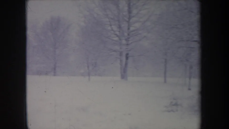 1968 Michigan 8mm view of a quiet snow-covered yard with bare trees and overcast winter light.