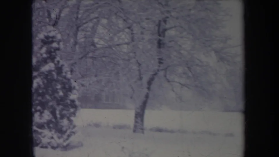 1968 Michigan winter home-movie frame with snow-covered ground, bare trees, a small evergreen, and a distant building softened by film grain.