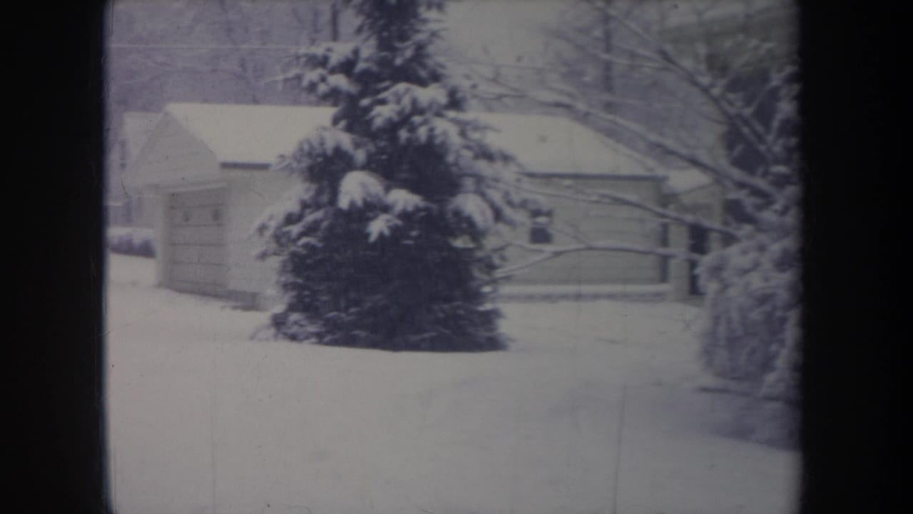 1968 Michigan home-movie view of a snowy yard, evergreen shrubs, detached garage, neighboring homes, and bare winter branches.