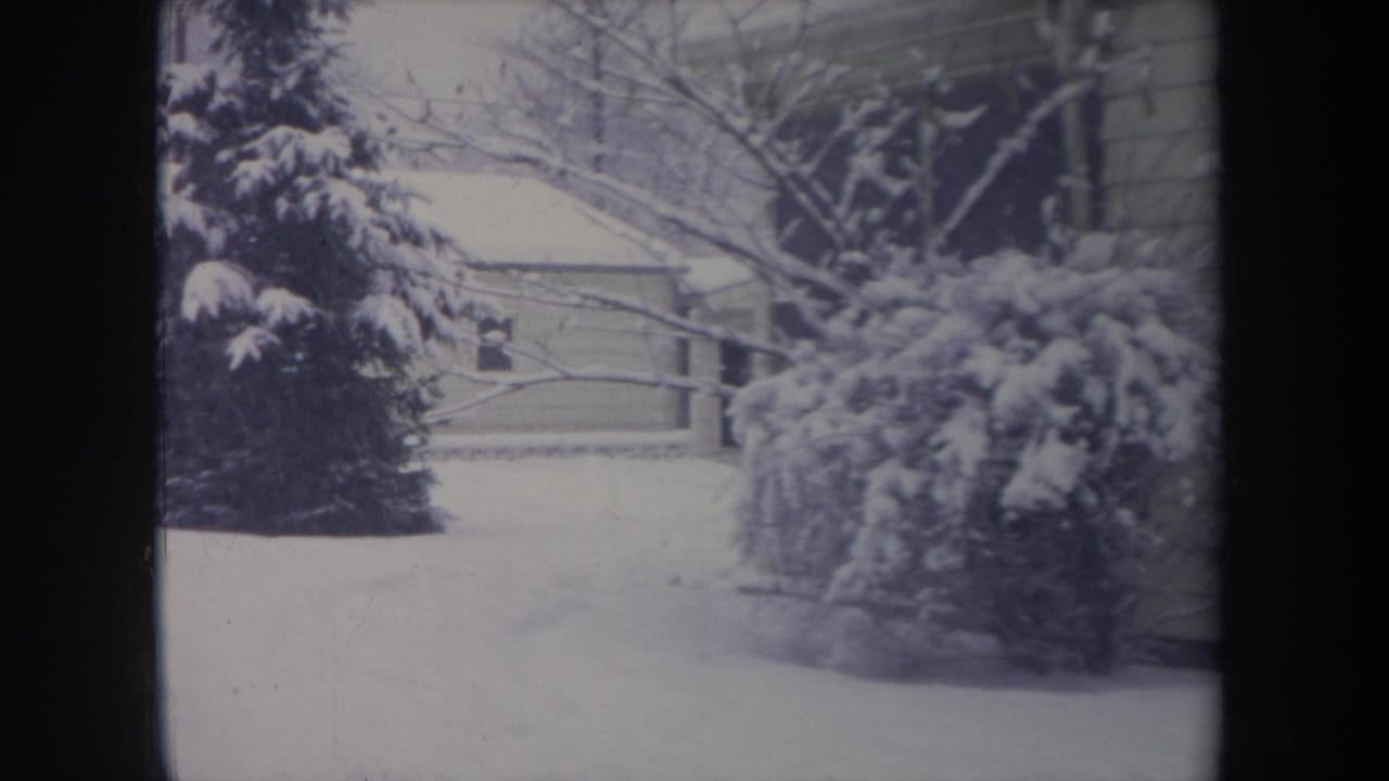 1968 Michigan suburban winter frame showing snow-laden shrubs, bare branches, nearby houses, overhead lines, and a pale snow-covered lawn.