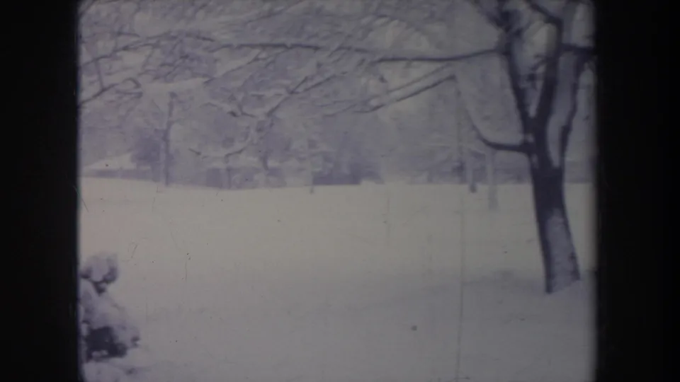 1968 Michigan winter home-movie frame showing snow-covered ground and bare trees viewed through dark vertical bars.