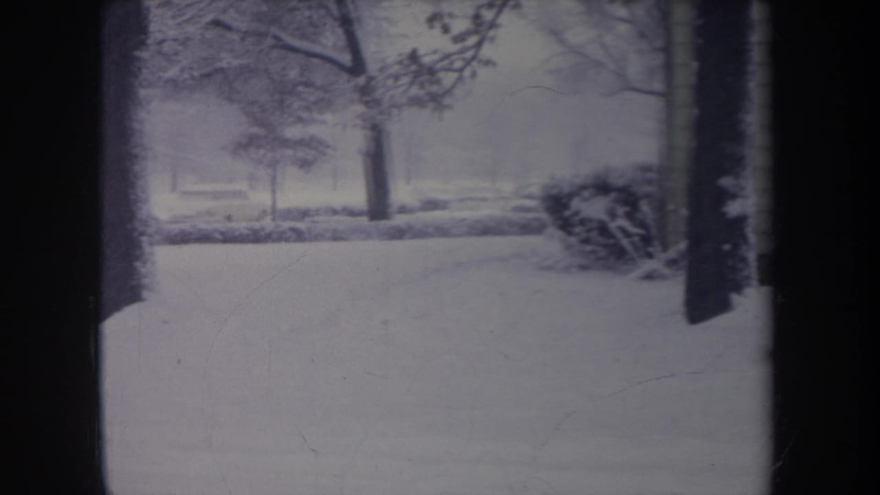 1968 Michigan winter home-movie frame showing snow-covered ground, trees, shrubs, and the older car near the right edge.