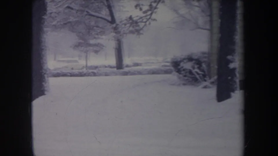 1968 Michigan winter home-movie frame showing snow-covered ground, trees, shrubs, and the older car near the right edge.