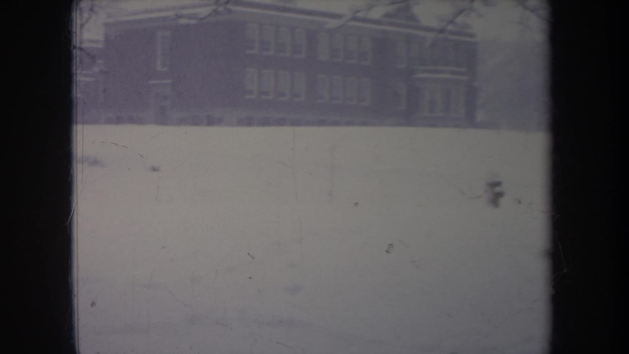 Snowy grounds in front of a large brick building, with a small dark dog crossing the snow.