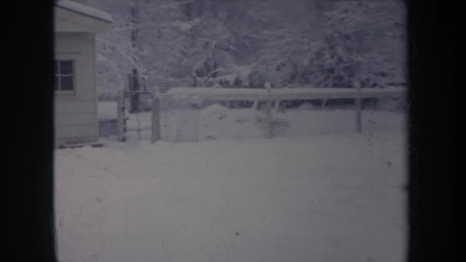1968 Michigan 8mm frame showing a snow-covered yard, chain-link fence, small shed, and dense winter trees.