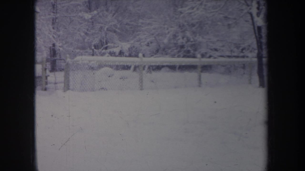 1968 Michigan 8mm still of a snow-covered residential yard, chain-link fence, and bare trees seen through a window opening.