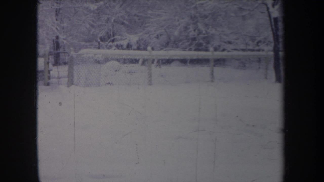 Snow-covered yard and fence line with trees beyond, framed by dark vertical film borders.