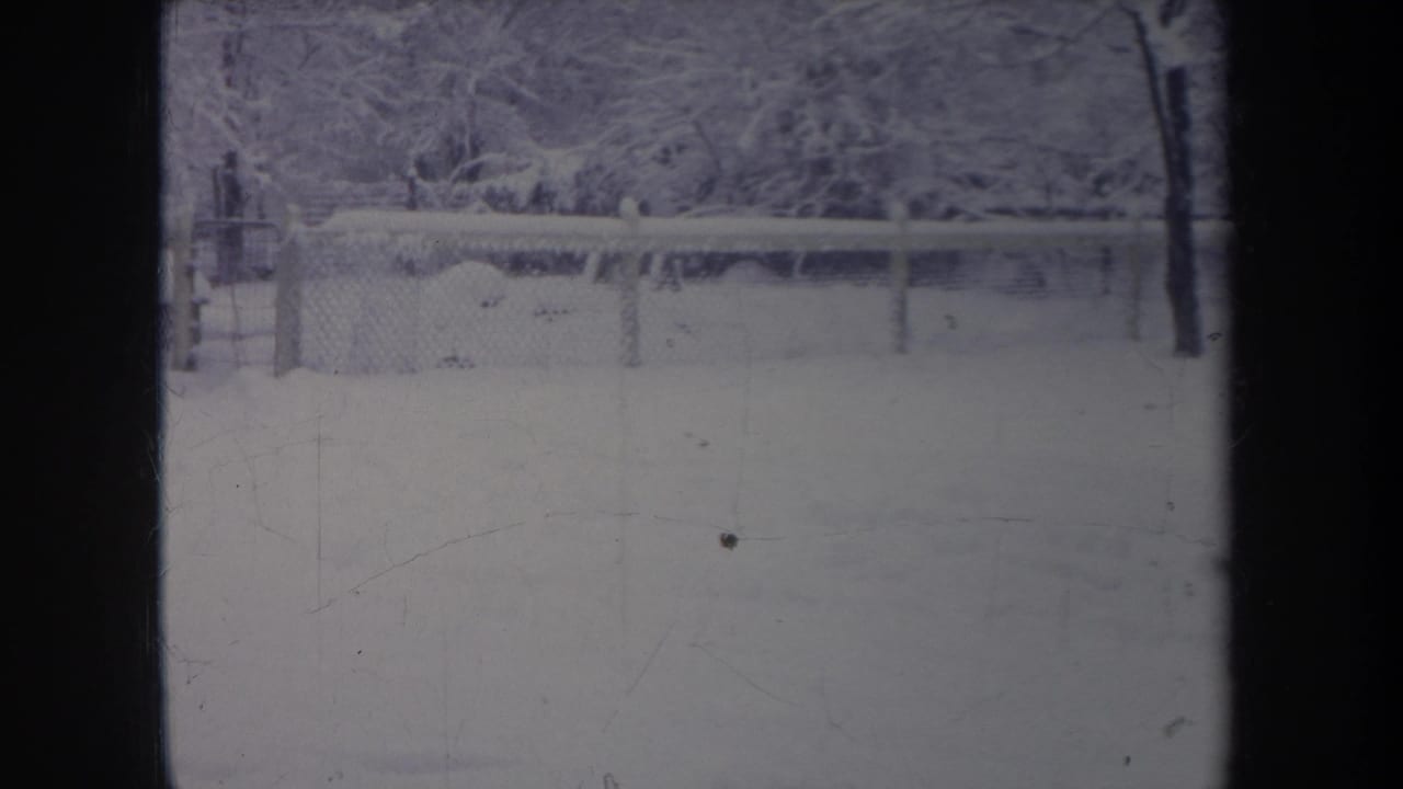 1968 Michigan 8mm frame of a snow-filled backyard and fence, softened by grain, scratches, and contact-sheet overlap.