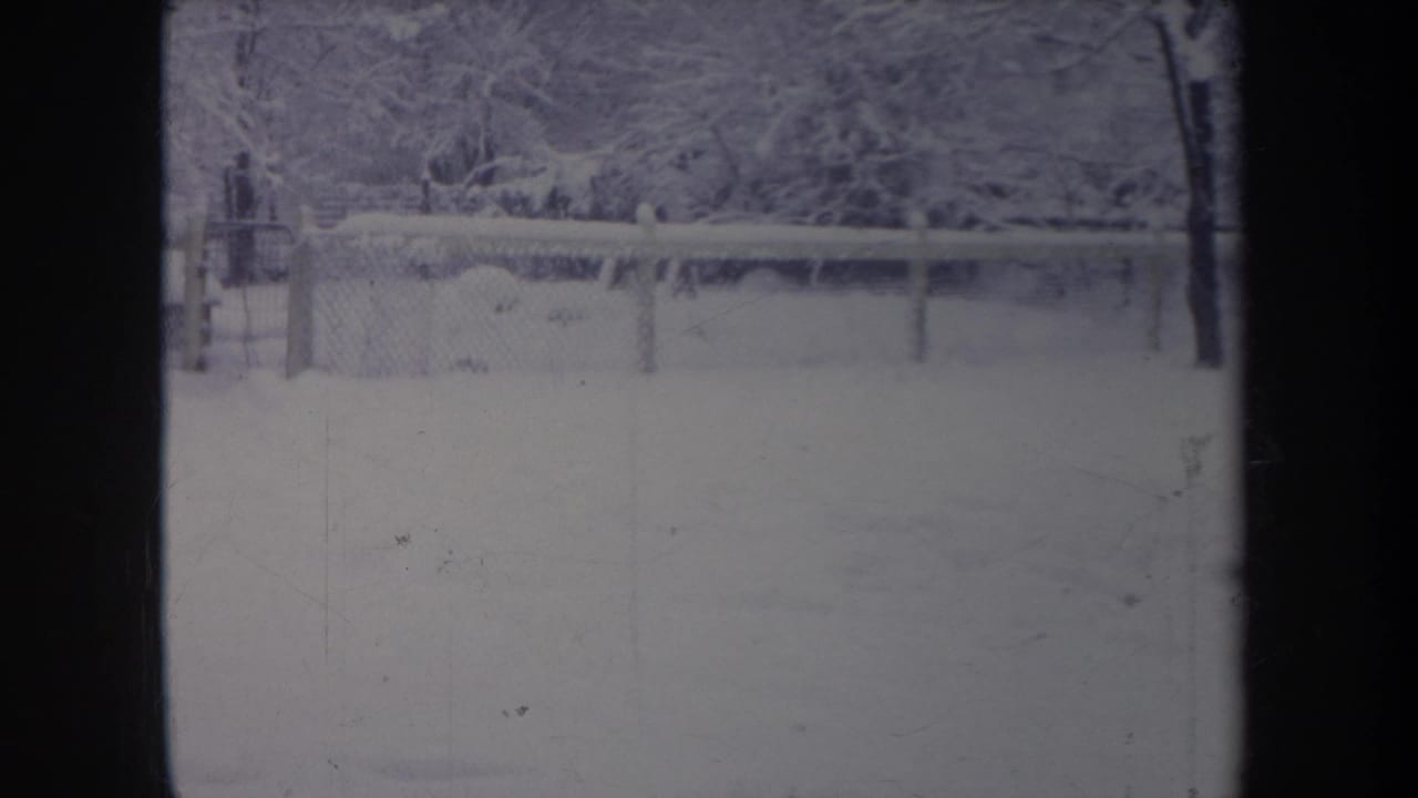 1968 Michigan home-movie frame showing a wintry backyard, chain-link fence, and snow-laden trees in faded 8mm color.