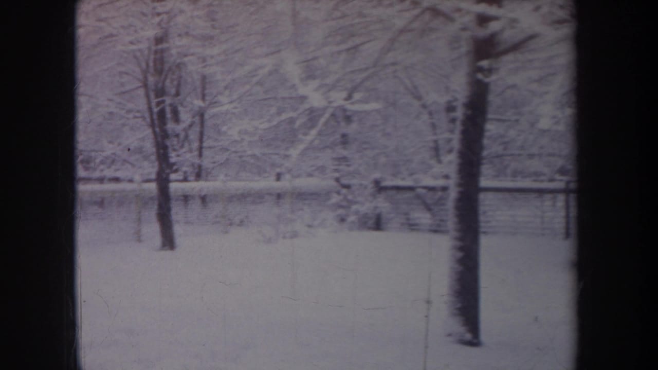 1968 Michigan 8mm frame showing a quiet winter yard, bare trees, snow cover, and fencing in the background.