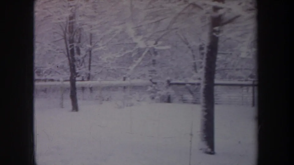 1968 Michigan 8mm frame showing a quiet winter yard, bare trees, snow cover, and fencing in the background.