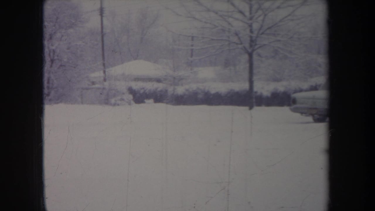 The sedan exits the right edge of a snowy residential yard, leaving trees, hedges, and winter ground in view.
