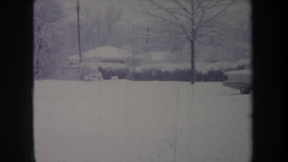 The sedan exits the right edge of a snowy residential yard, leaving trees, hedges, and winter ground in view.