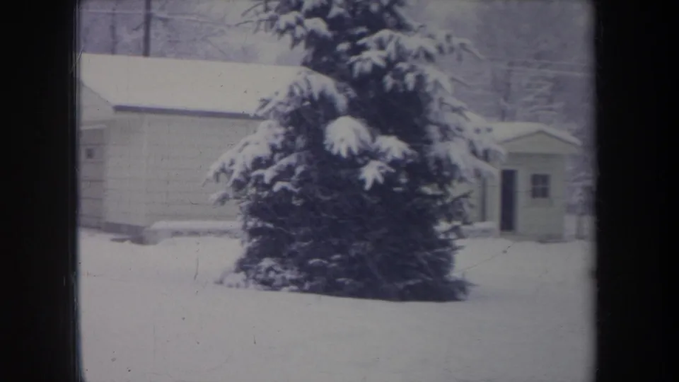 1968 Michigan 8mm frame centered on a snow-heavy pine tree, with garages, a small outbuilding, and winter trees behind it.