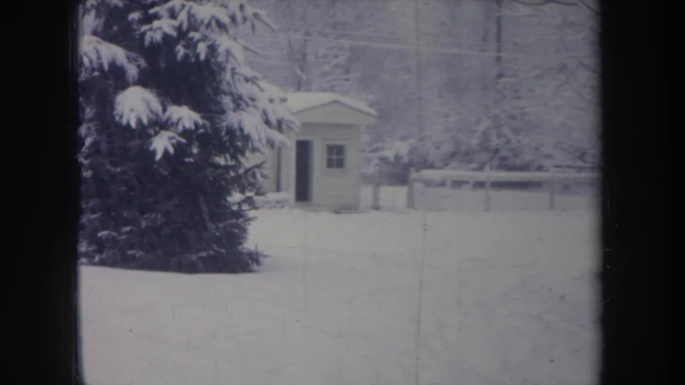 1968 Michigan home-movie frame with a snow-covered evergreen, small shed, fence, and pale winter background trees.