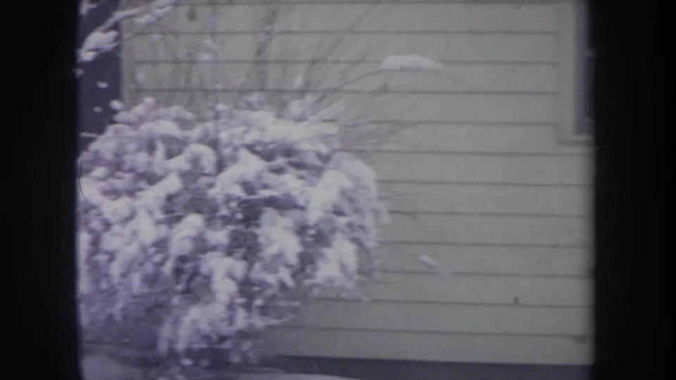 1968 Michigan 8mm frame showing a snow-laden garden shrub against horizontal siding on a residential house.
