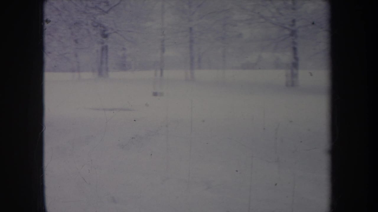 1968 Michigan 8mm home-movie frame showing a quiet snow-covered field with sparse bare trees and soft blue winter light.