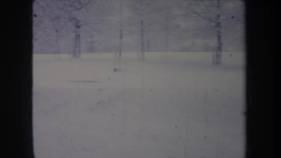 1968 Michigan 8mm home-movie frame showing a quiet snow-covered field with sparse bare trees and soft blue winter light.