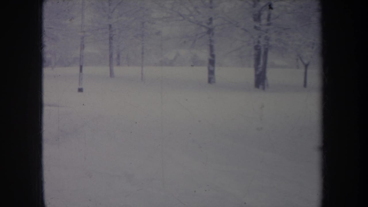 1968 Michigan winter landscape on 8mm, with flat snow cover, distant bare trees, and visible gate shadowing at the frame edges.