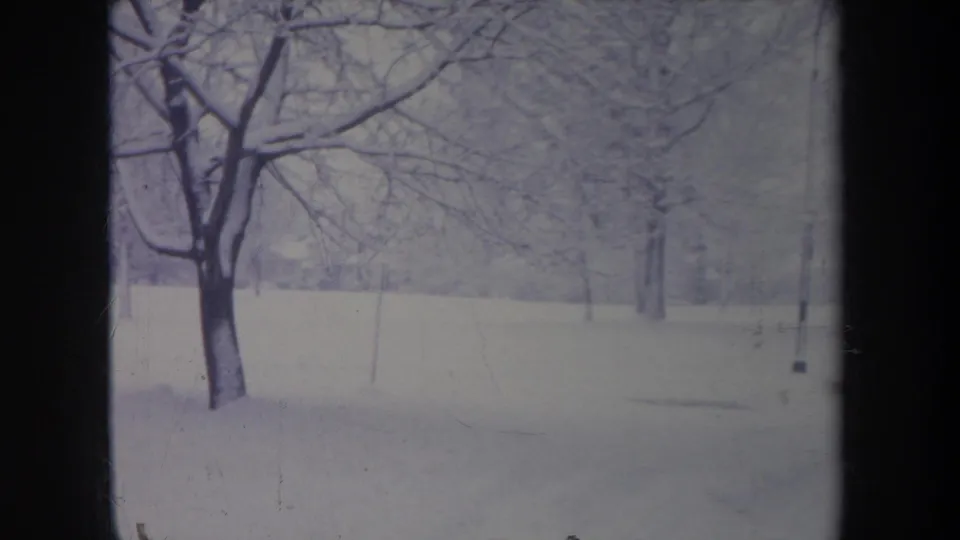 1968 Michigan 8mm frame showing a quiet snowy field, leafless trees, and soft blue-purple winter light.