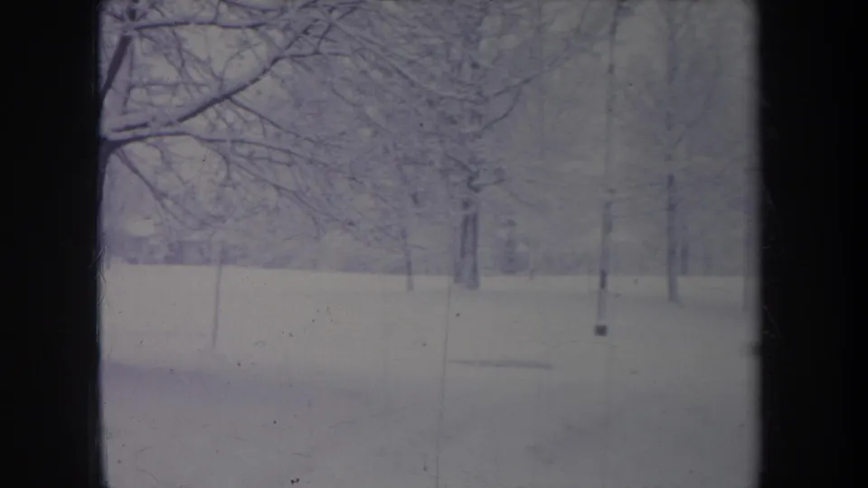 1968 Michigan home-movie frame of a still snow-covered landscape with bare trees and slender poles in the distance.
