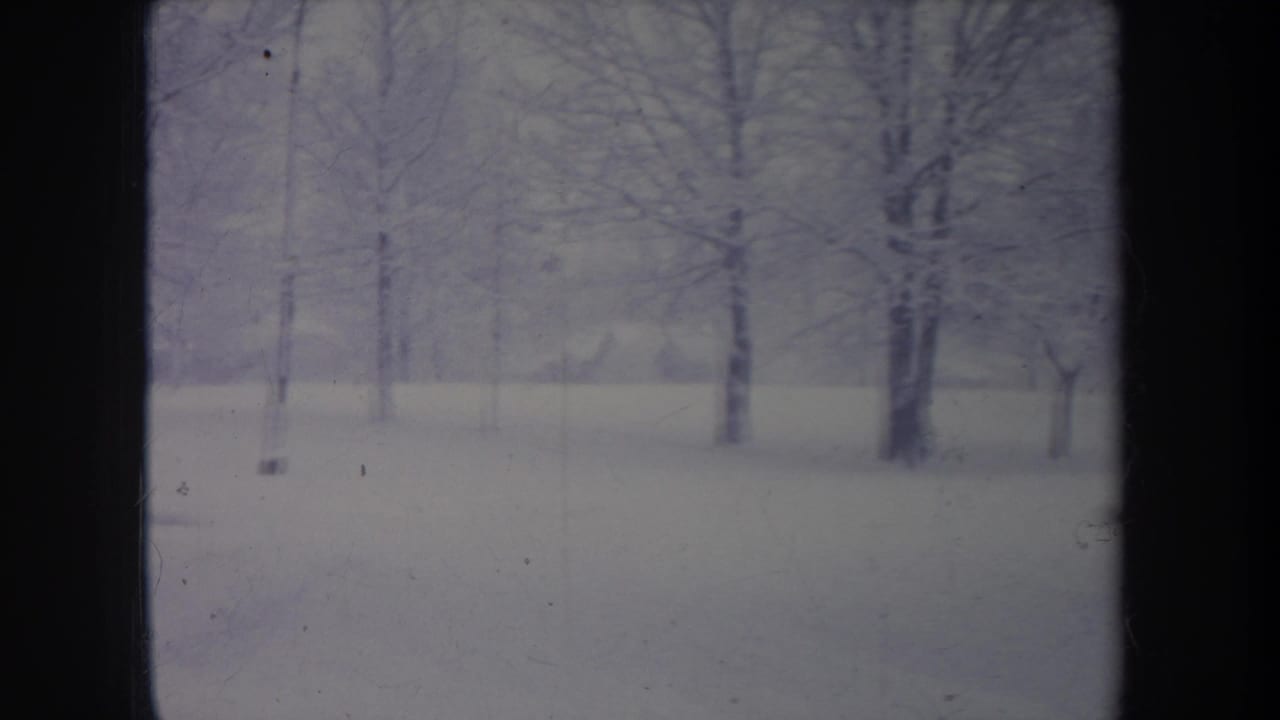 1968 Michigan home-movie frame showing a snowy field and bare winter trees viewed through a dark window division.
