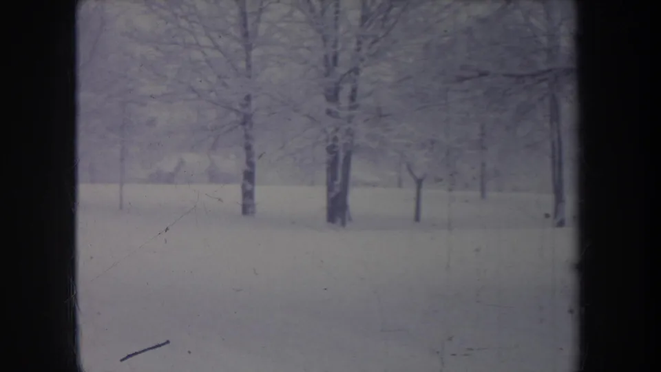Snowy Michigan winter landscape with bare trees and a dark interior or window frame dividing the 8mm view.