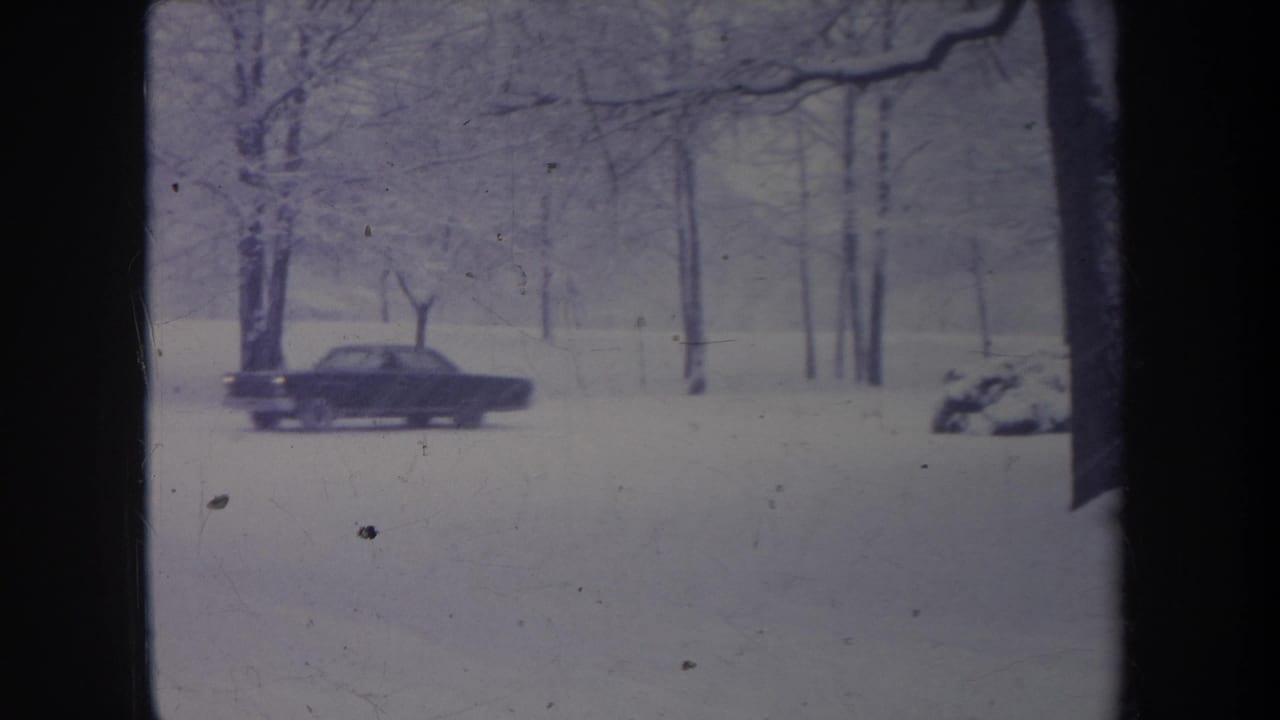 A dark sedan crosses a snowy Michigan road framed by bare trees, with part of another vehicle visible at the edge.