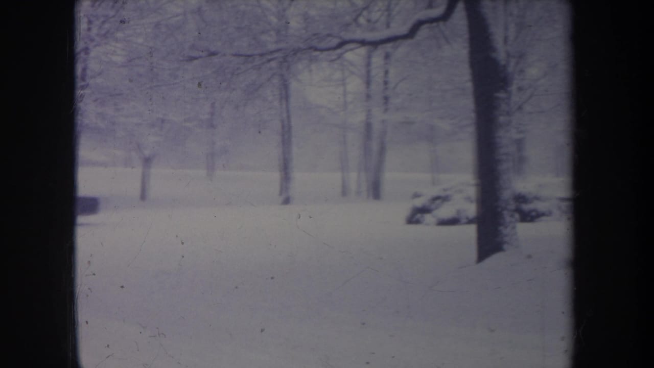 Michigan 1968 home-movie frame of a snowy residential yard with bare trees and dark vertical foreground edges.