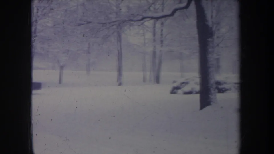 Michigan 1968 home-movie frame of a snowy residential yard with bare trees and dark vertical foreground edges.
