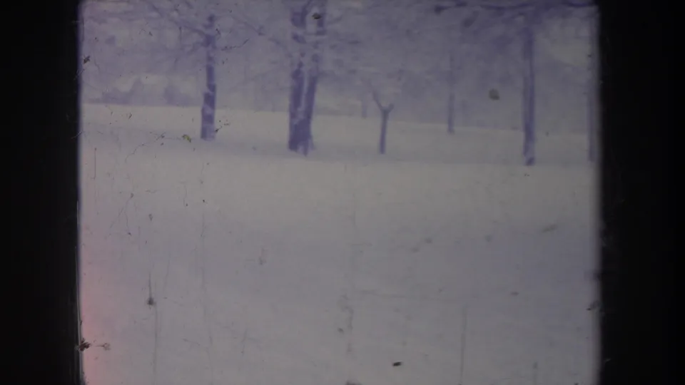 Faded 8mm view of a Michigan winter yard in 1968, showing open snow, bare trees, and handheld framing.