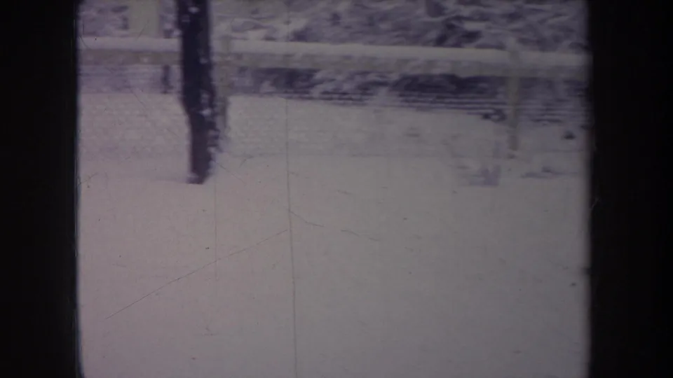1968 Michigan 8mm frame where a small dark dog appears near the left side of a snowy fenced yard, partly obscured by window framing.