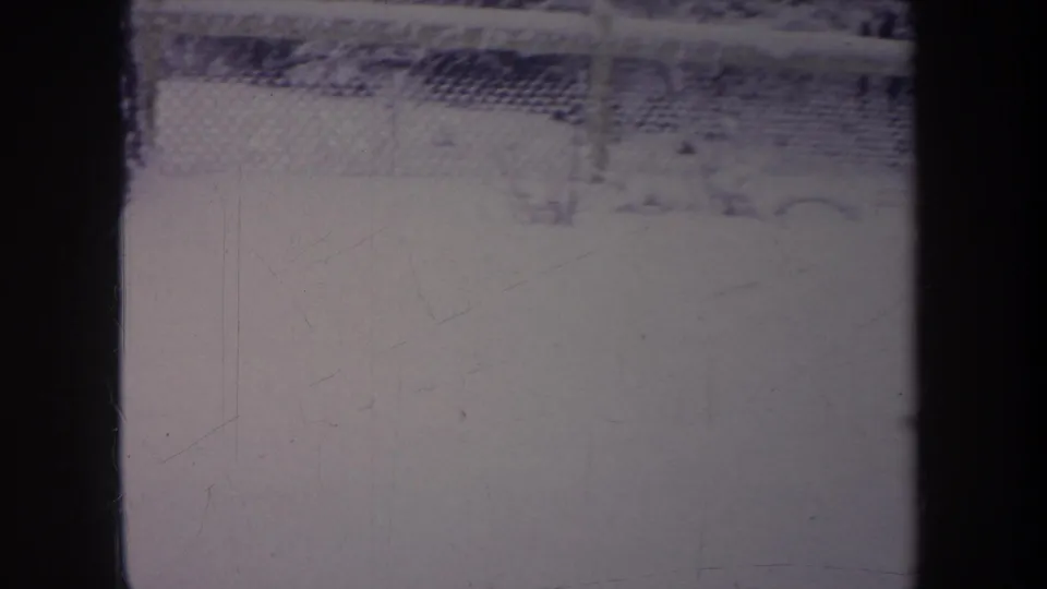 1968 Michigan home-movie frame showing a snowy yard and chain-link fence through dark window framing, with the dog no longer clearly visible.