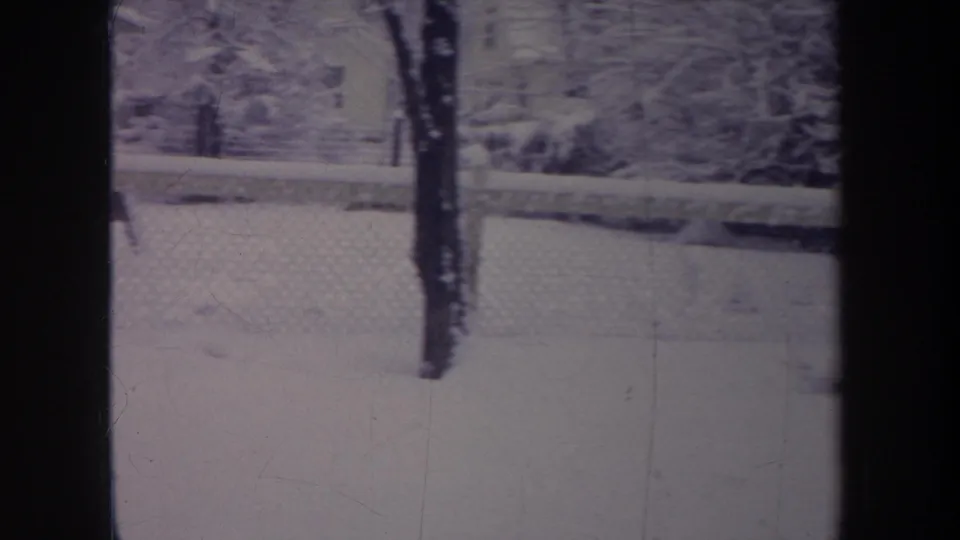 1968 Michigan home-movie frame showing a snowy fenced backyard through a dark vertical window muntin and bare winter trees.
