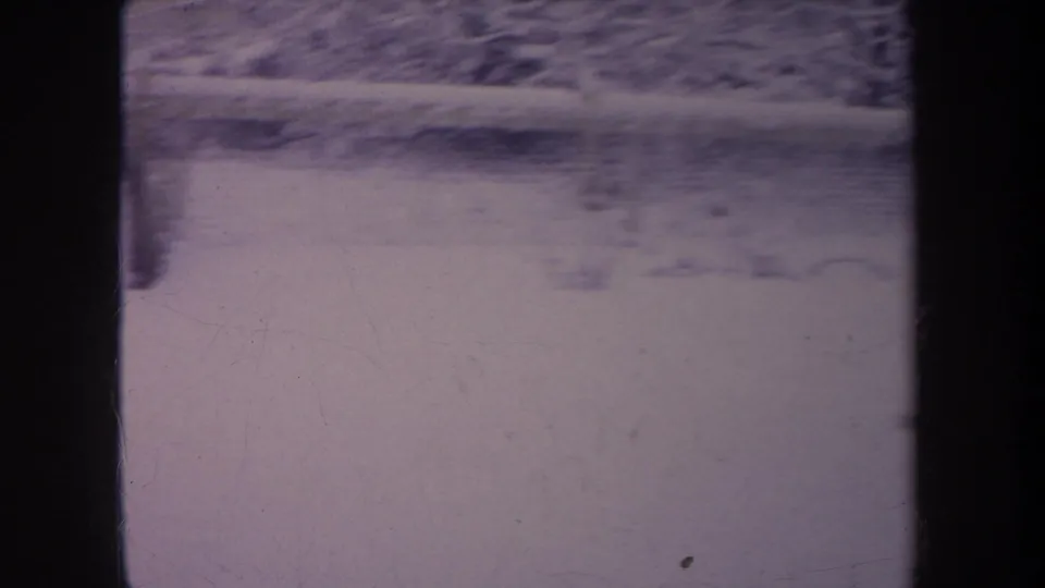 1968 Michigan home-movie still showing a snow-covered yard, fence line, and winter trees with a soft purple film cast.