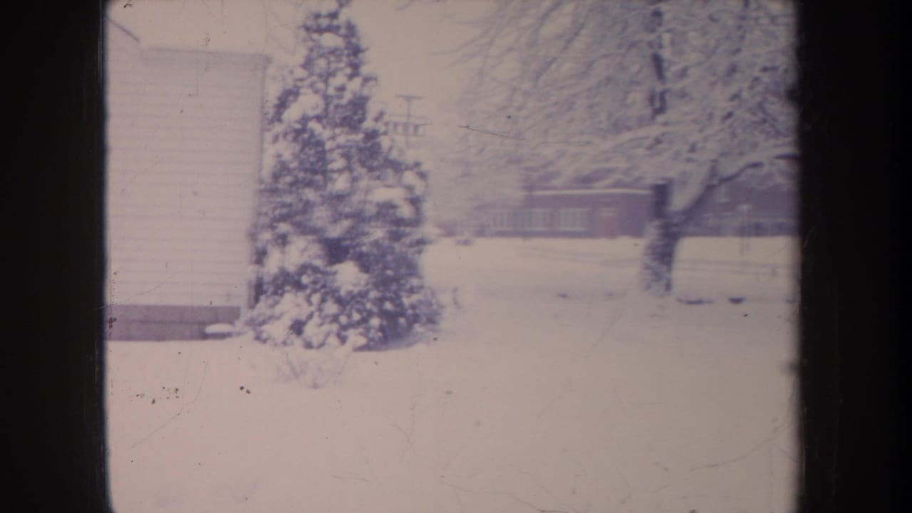 1968 Michigan 8mm frame with a snow-laden evergreen, white house edge, bare trees, and a fence in the background.