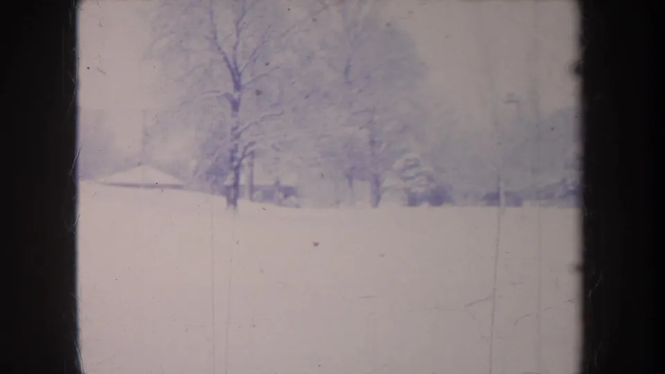 1968 Michigan winter frame with open snow cover, bare tree trunks, and faint houses or structures along the hazy horizon.