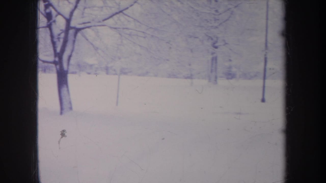 1968 Michigan 8mm frame showing a quiet snow-covered landscape with leafless trees and soft blue-white exposure.