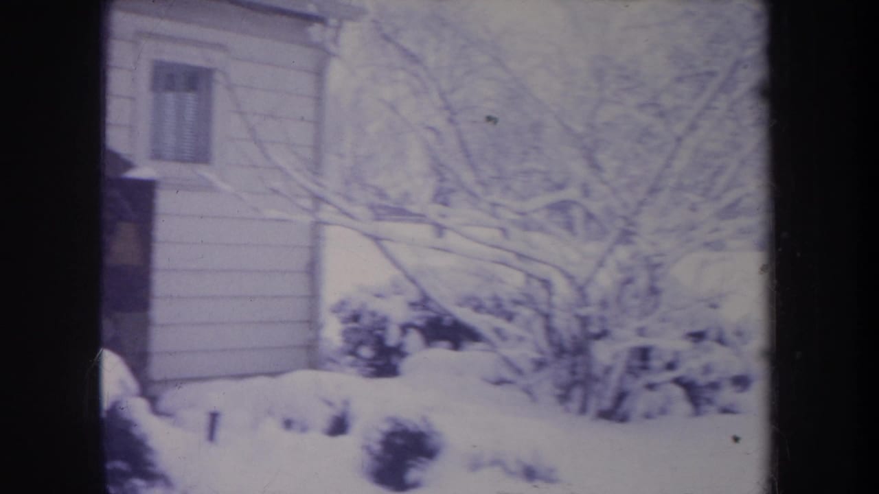 1968 Michigan frame showing part of a small house behind snow-covered shrubs and leafless branches.
